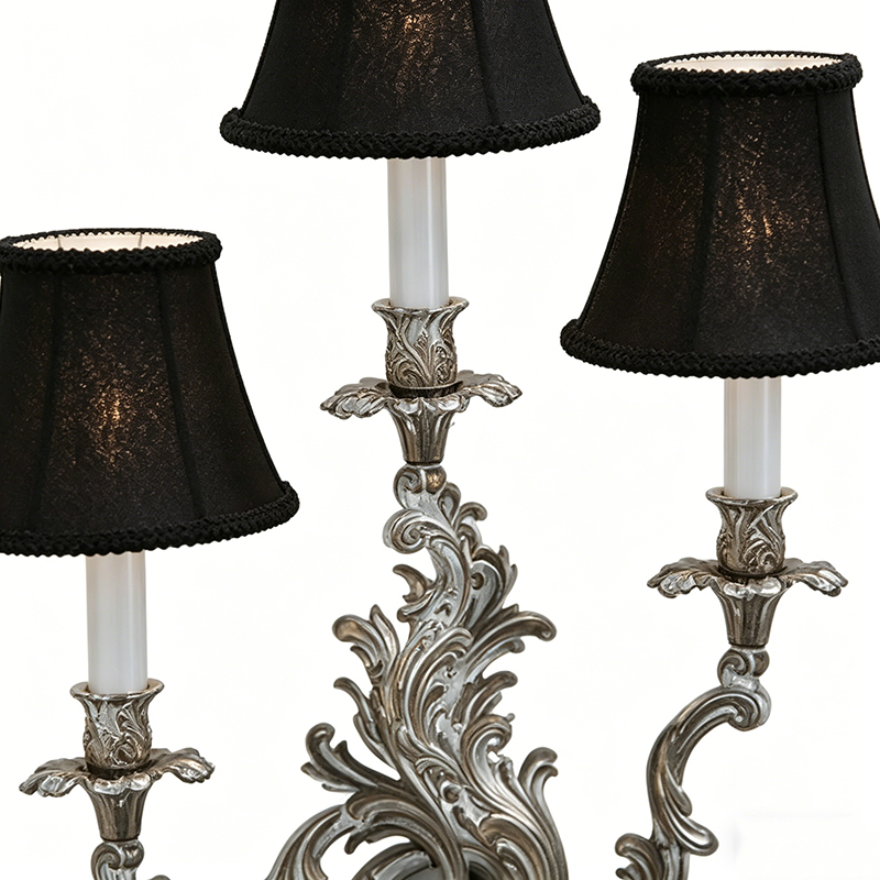 American Classic Triple-Arm Lost Wax Cast Brass Wall Sconce With Black Fabric Shades (Dual Finish Options) - Image 5