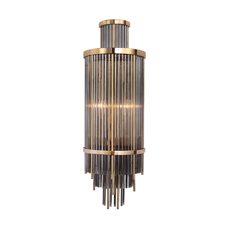 Polished Brass Vintage Smoke Grey Glass Rod Wall Sconce - Image 7