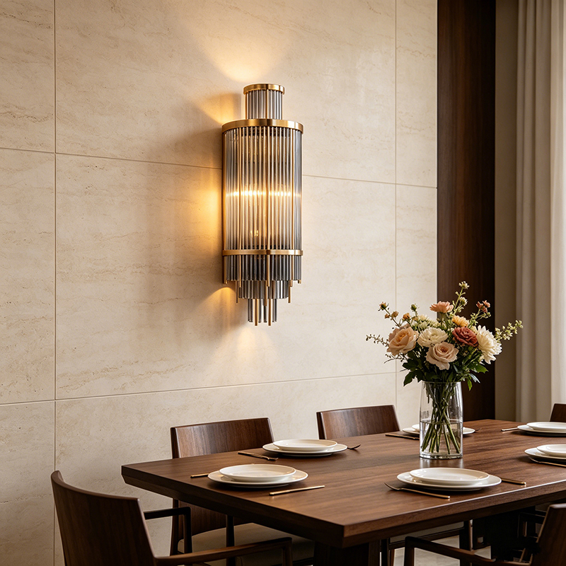 Polished Brass Vintage Smoke Grey Glass Rod Wall Sconce