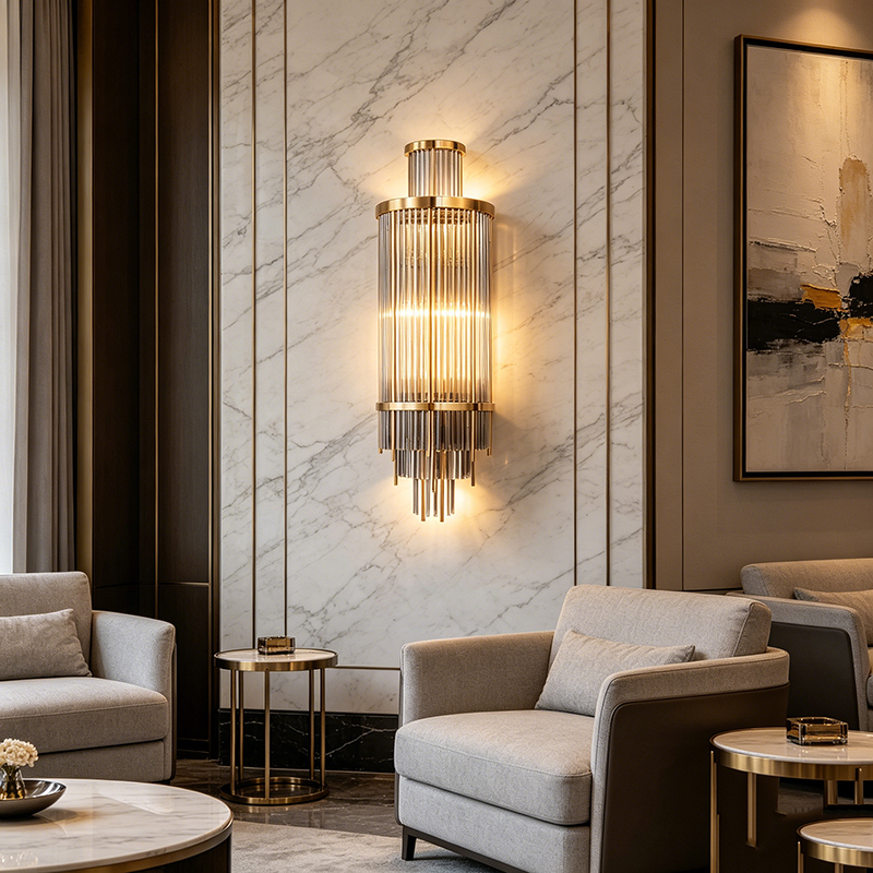 Polished Brass Vintage Smoke Grey Glass Rod Wall Sconce - Image 3