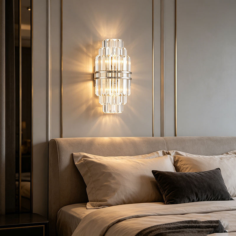 Luxury Tiered Crystal Prism Wall Lamp with Polished Silver Accent