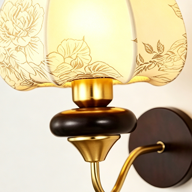 Elegant Floral Print Hardware, Wood & Fabric Shade Wall Sconce - Image 3