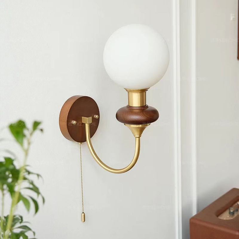 Minimalist Hardware, Wood & Frosted Glass Globe Wall Sconce