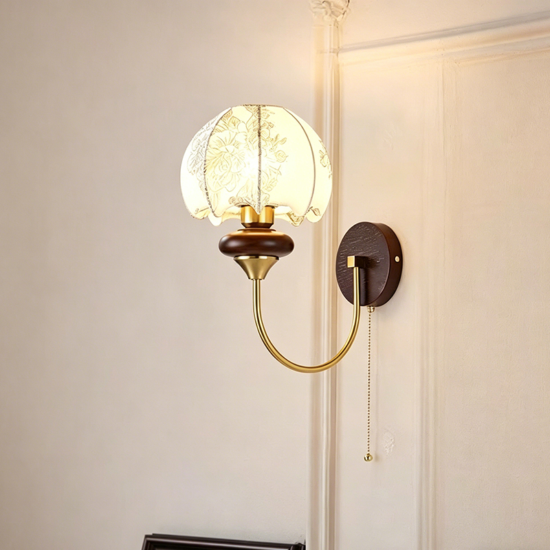 Elegant Floral Print Hardware, Wood & Fabric Shade Wall Sconce - Image 6