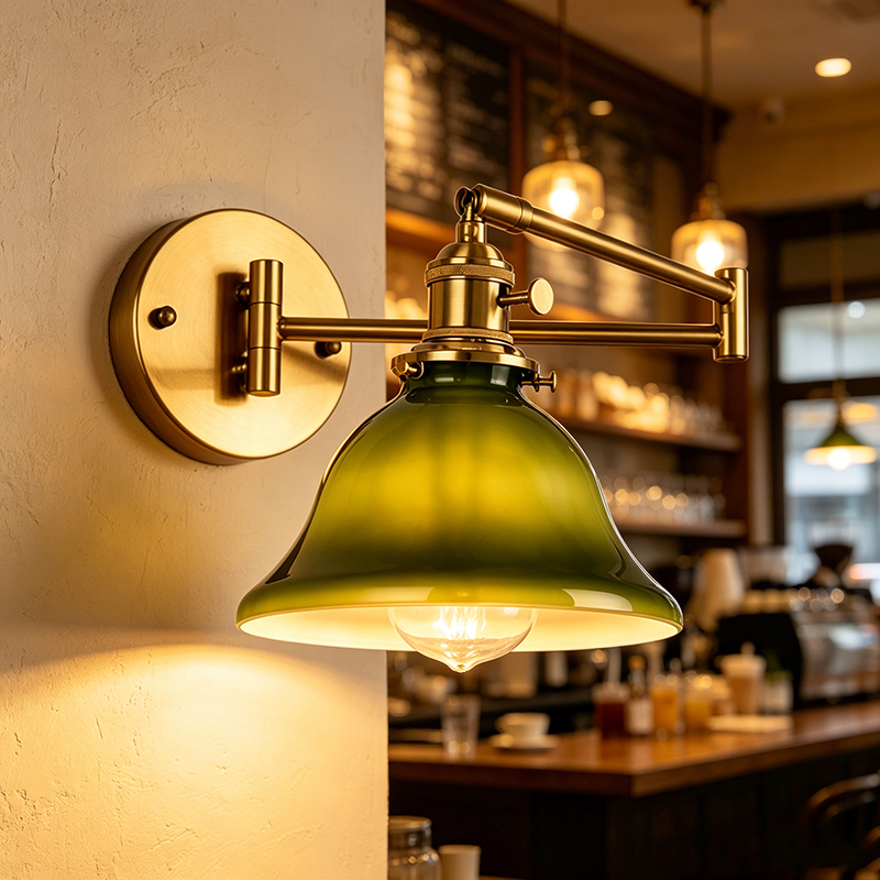 Retro Green Glass Swing Arm Wall Sconce, 2 Styles Brass Task Light