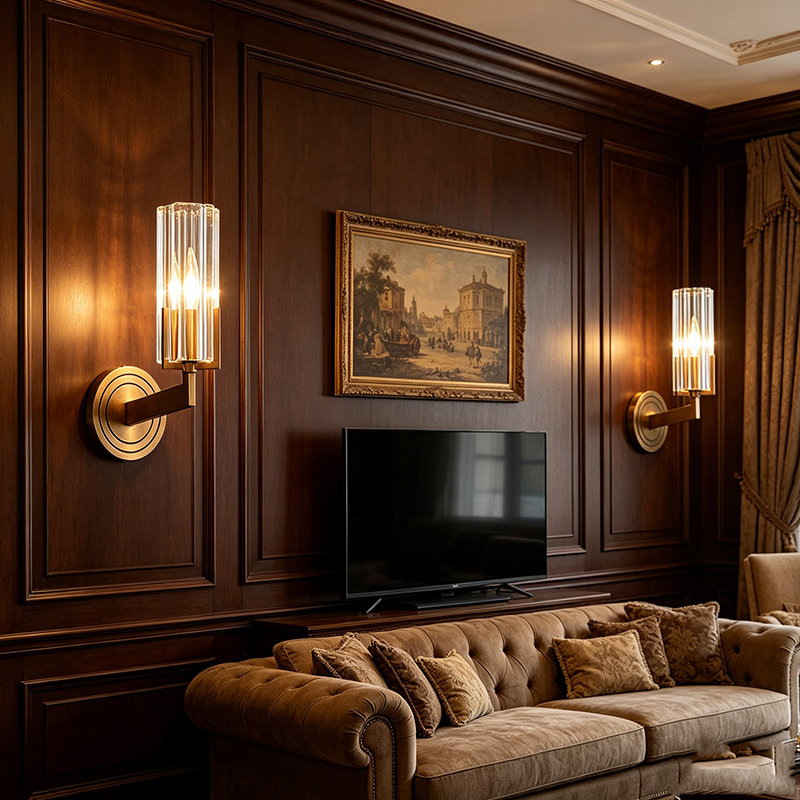 Modern Minimalist Antique Brass Wall Sconce With Ribbed Clear Glass (Single & Double Head Options)
