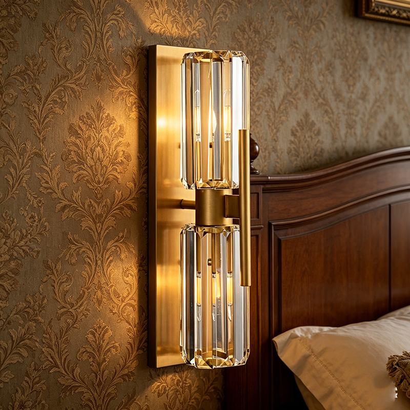 Luxury Linear Brass Wall Sconce With Double Faceted Crystal Shades