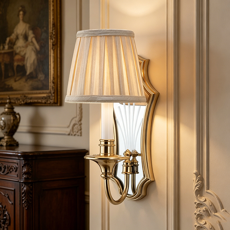 Regal Brass And Mirror Wall Sconce With Pleated Fabric Shades (Single & Dual-Head Options)