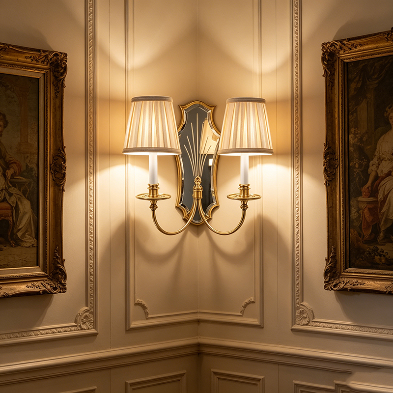 Regal Brass And Mirror Wall Sconce With Pleated Fabric Shades (Single & Dual-Head Options) - Image 4