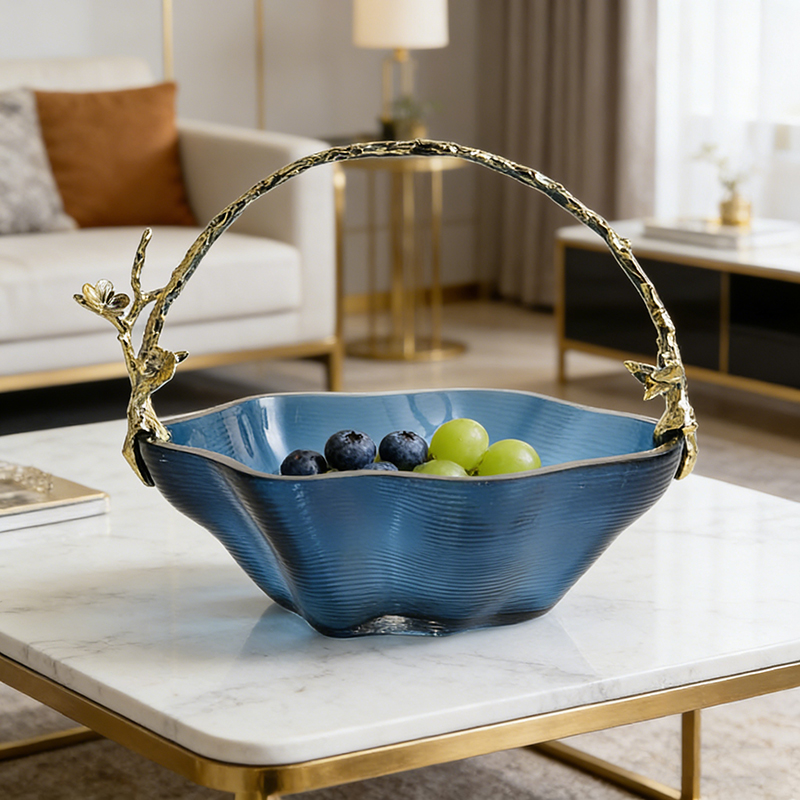 Botanical Handle Glass & Zinc Alloy Basket Platter Set (3-Piece Assorted Design)