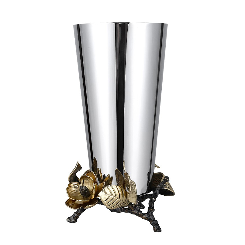 Brass Floral & Stainless Steel Sculptural Vase - Image 3