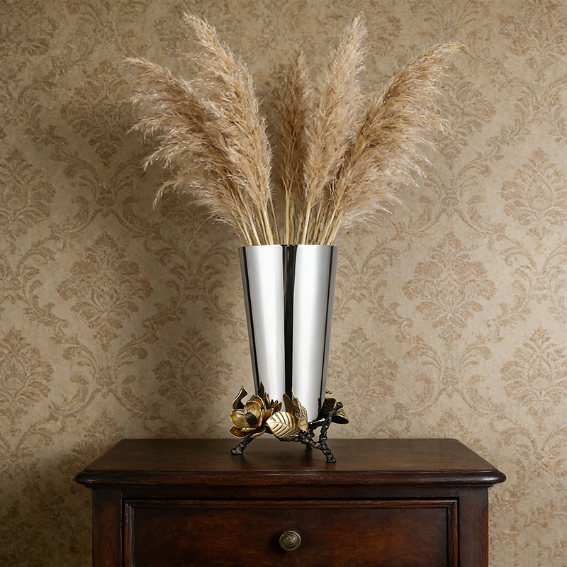 Brass Floral & Stainless Steel Sculptural Vase