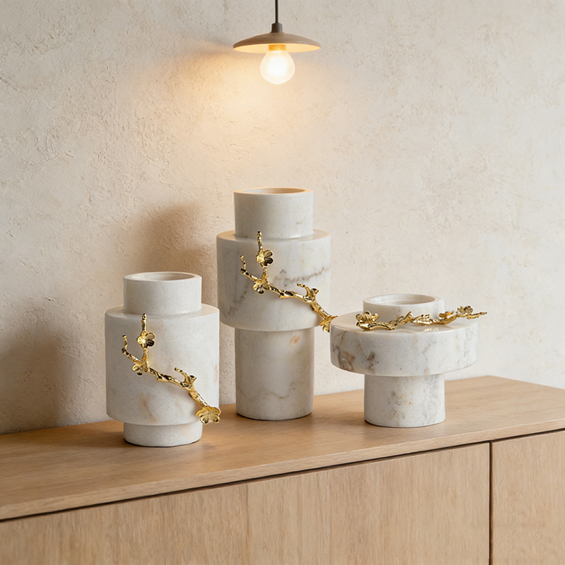 White Marble & Gold Zinc Alloy Floral Vase Set (3 Sizes) - Image 3