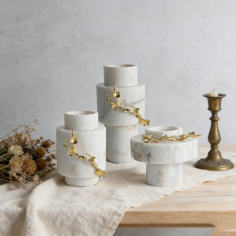 White Marble & Gold Zinc Alloy Floral Vase Set (3 Sizes)