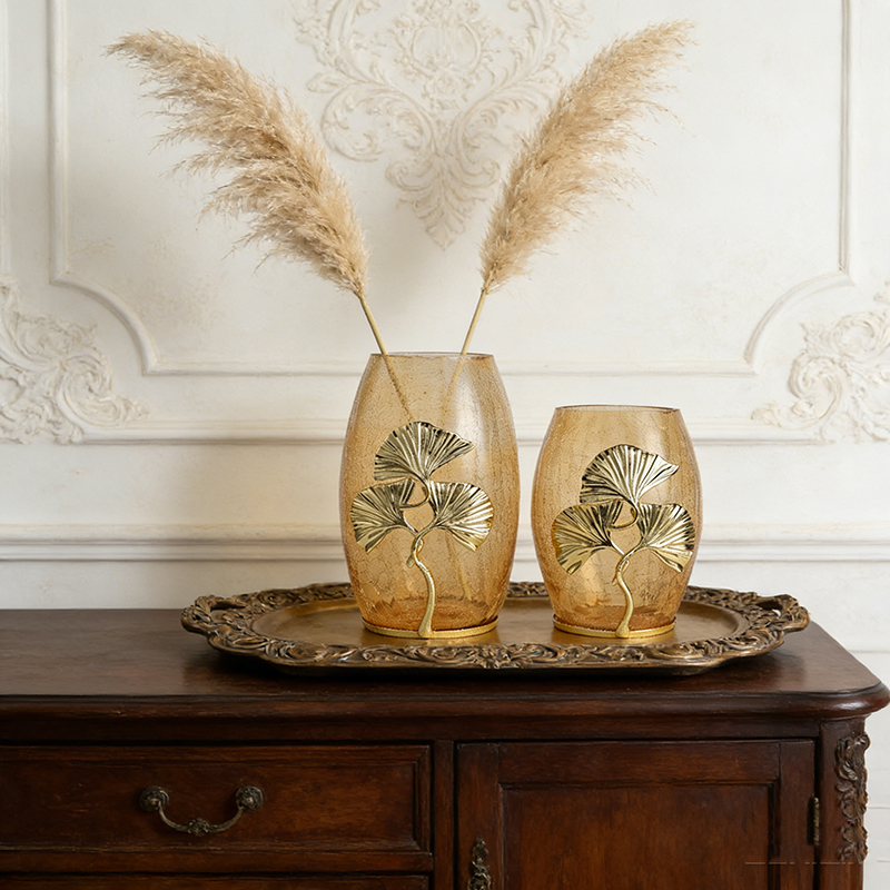 Glass & Zinc Alloy Vase Collection (Ginkgo, Floral & Coral Designs, 4 Two-Size Sets)