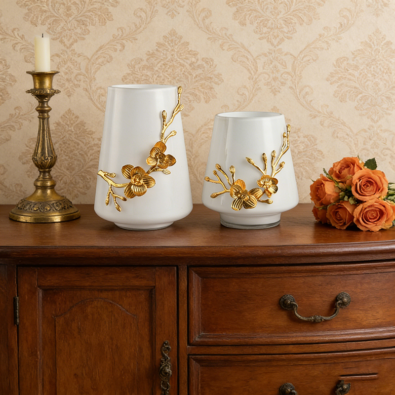 Glass & Zinc Alloy Vase Collection (Ginkgo, Floral & Coral Designs, 4 Two-Size Sets) - Image 5