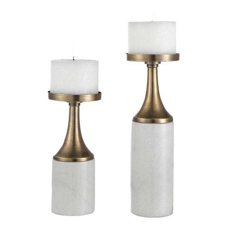 Elegant Marble & Brass-Tone Iron Candle Holder Set - Image 3