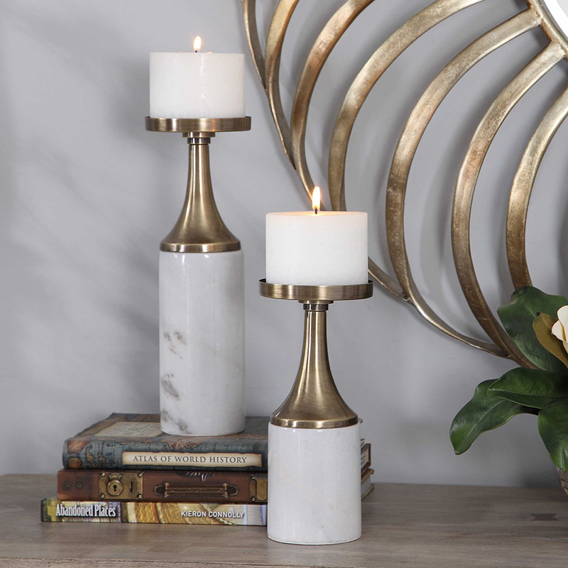 Elegant Marble & Brass-Tone Iron Candle Holder Set