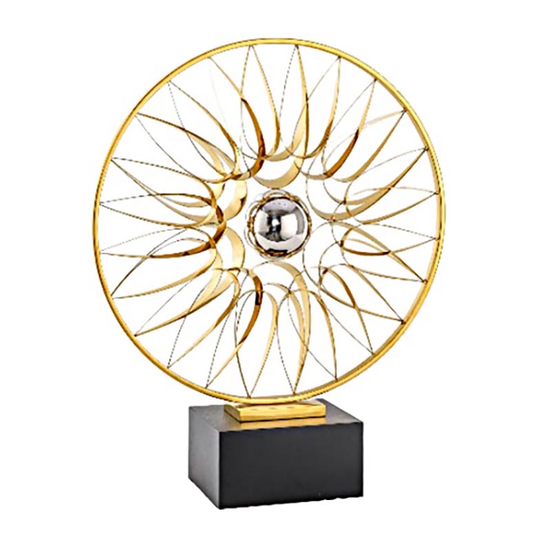 Elegant Gold Stainless Steel Floral Wheel Desktop Ornament With Black Base - Image 3