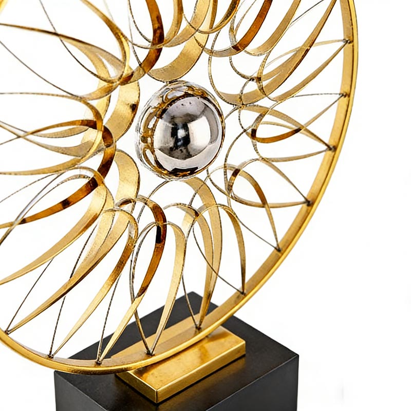 Elegant Gold Stainless Steel Floral Wheel Desktop Ornament With Black Base - Image 2