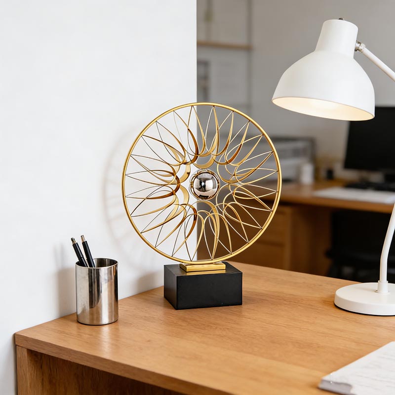 Elegant Gold Stainless Steel Floral Wheel Desktop Ornament With Black Base
