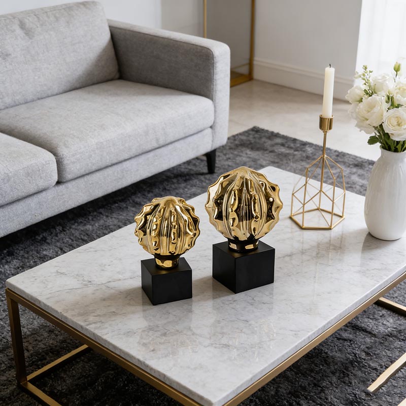 Luxurious Gold Ceramic & Black Iron Shell-Style Desktop Ornament Set