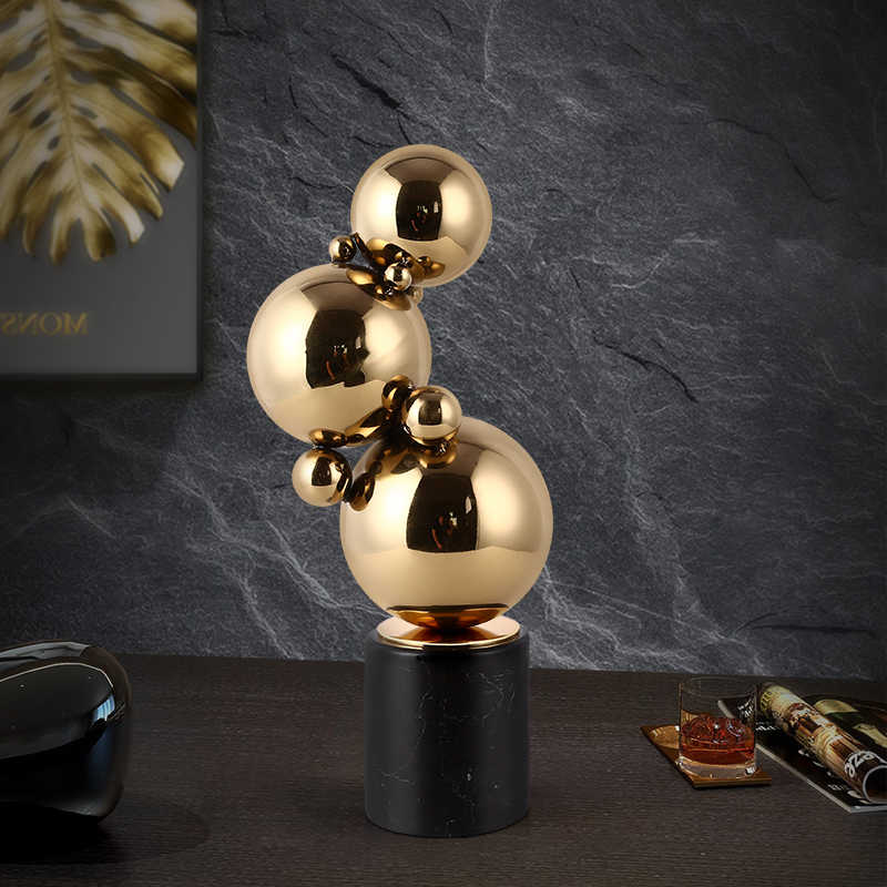 Modern Gold Stainless Steel & Black Marble Sphere Cluster Desktop Ornament Set - Image 2
