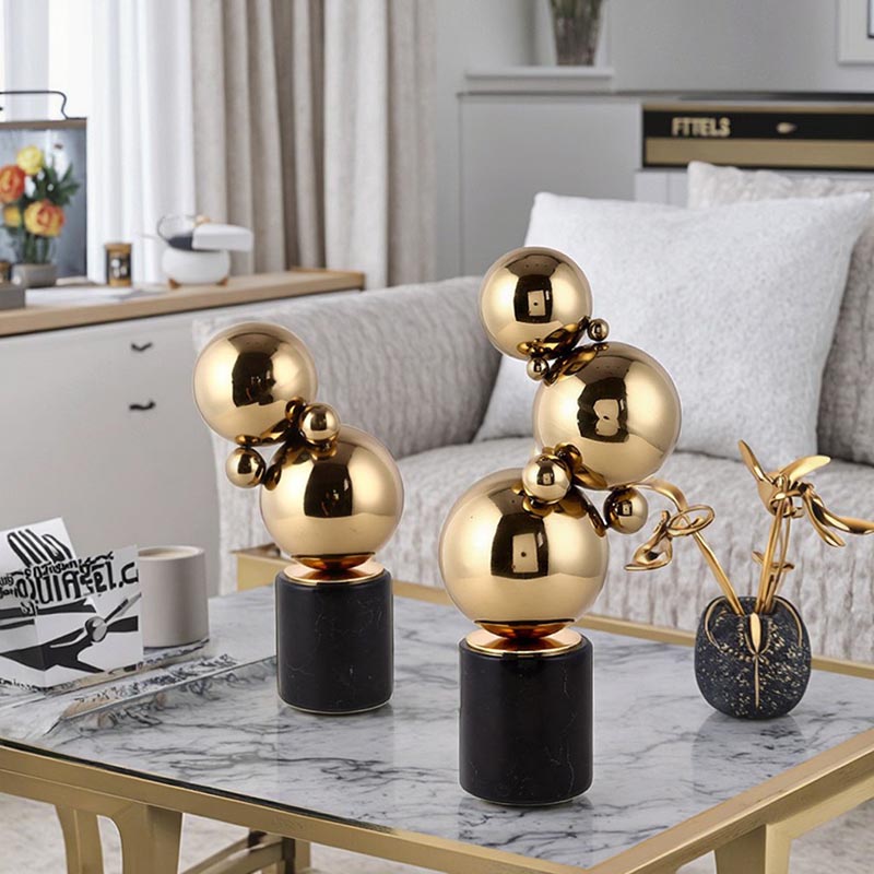 Modern Gold Stainless Steel & Black Marble Sphere Cluster Desktop Ornament Set