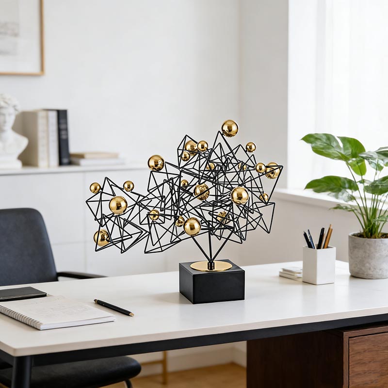 Artistic Black Iron & Gold Stainless Steel Geometric Cluster Desktop Ornament Set