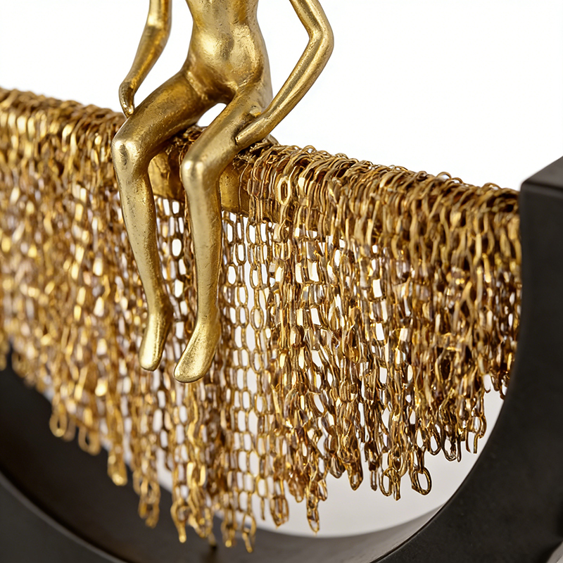 Elegant Gold Brass & Black Iron Figurine-With-Chain Desktop Ornament Set - Image 2