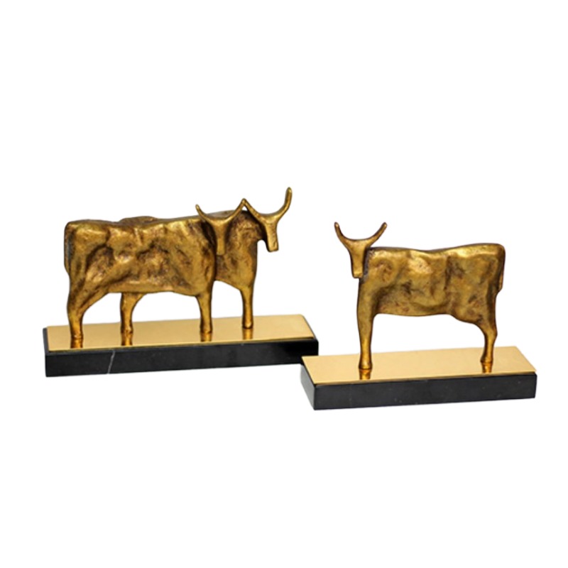 Gilded Alloy Bull & Marble Base Desktop Ornament Set - Image 3