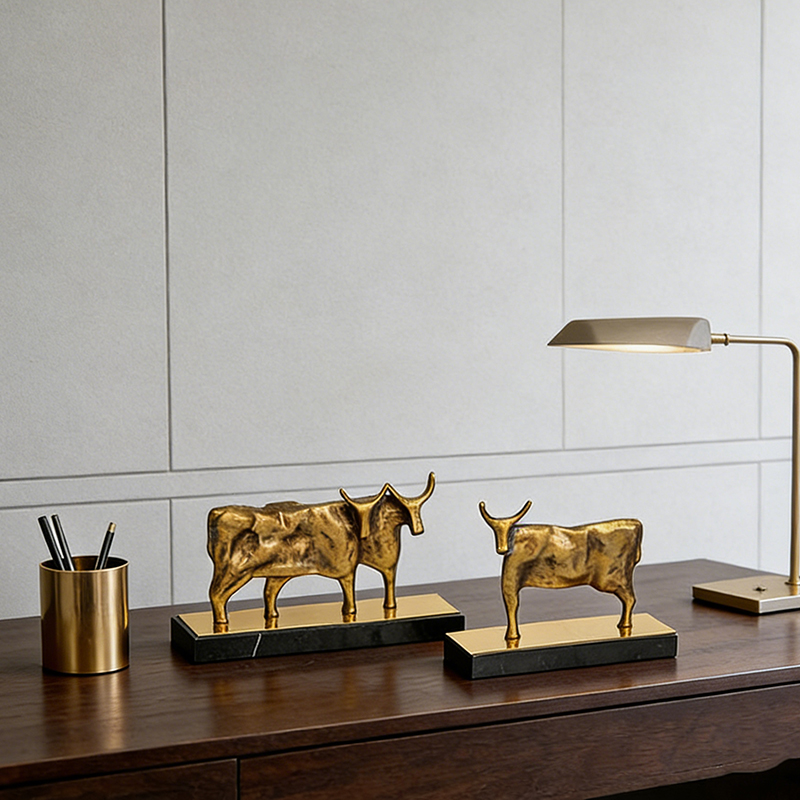 Gilded Alloy Bull & Marble Base Desktop Ornament Set