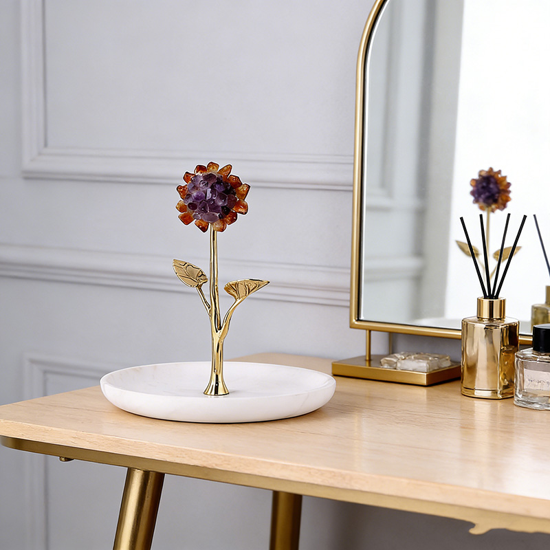 Natural Stone & Brass Sunflower Jewelry Organizer With Marble Tray