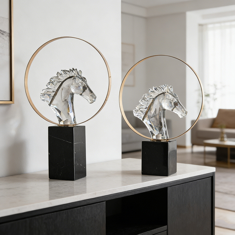 Elegant Gold & Clear Resin-Iron Marble Horse Desktop Ornament Set (2 Sizes) - Image 3