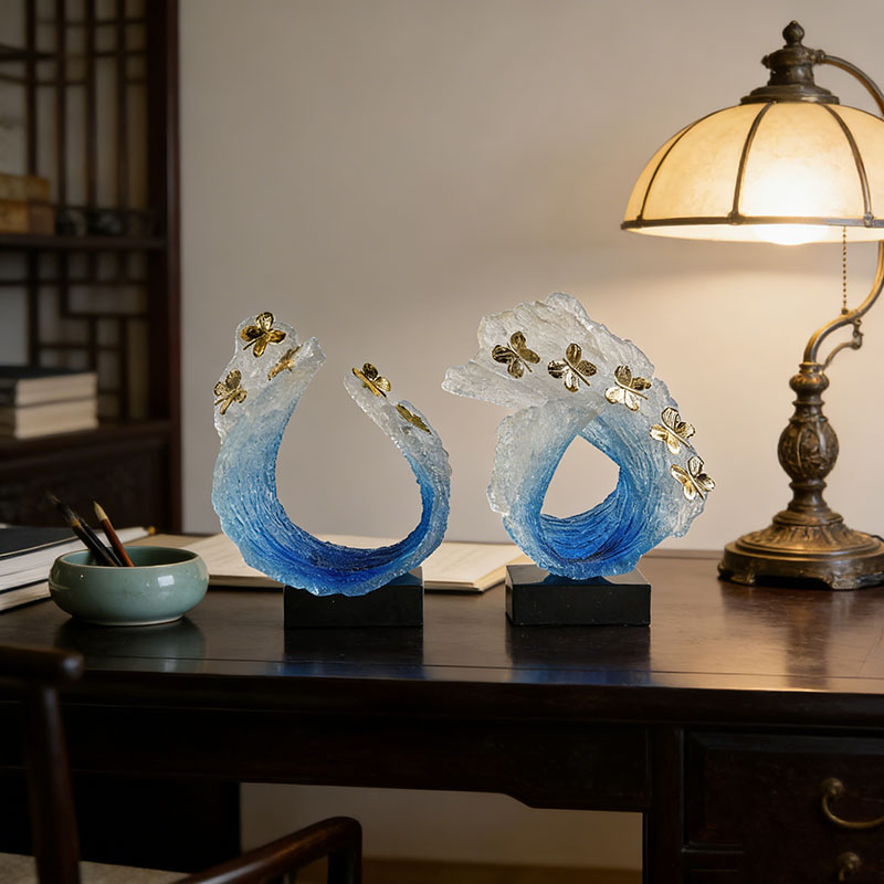 Flowing Resin Wave & Marble-Base Desktop Ornament Set (2 Styles, Emerald Green/Blue Gradient) - Image 4