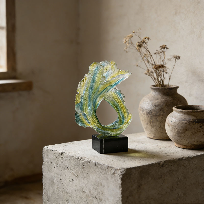 Flowing Resin Wave & Marble-Base Desktop Ornament Set (2 Styles, Emerald Green/Blue Gradient)
