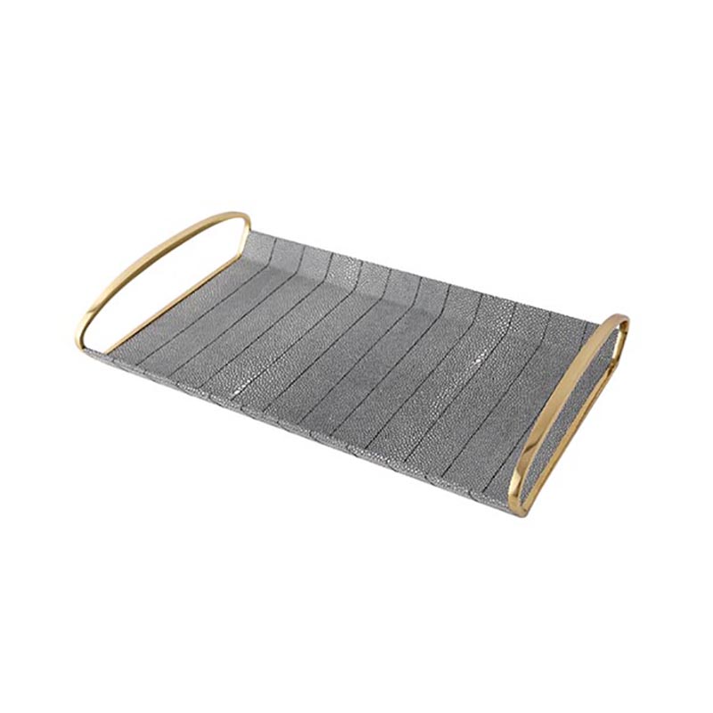 Grey Faux Leather & Gold Iron Rectangular Tray Set (Two Sizes, with Handles) - Image 3