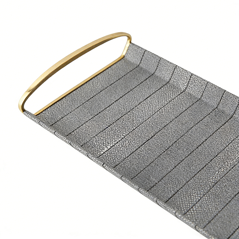Grey Faux Leather & Gold Iron Rectangular Tray Set (Two Sizes, with Handles) - Image 2