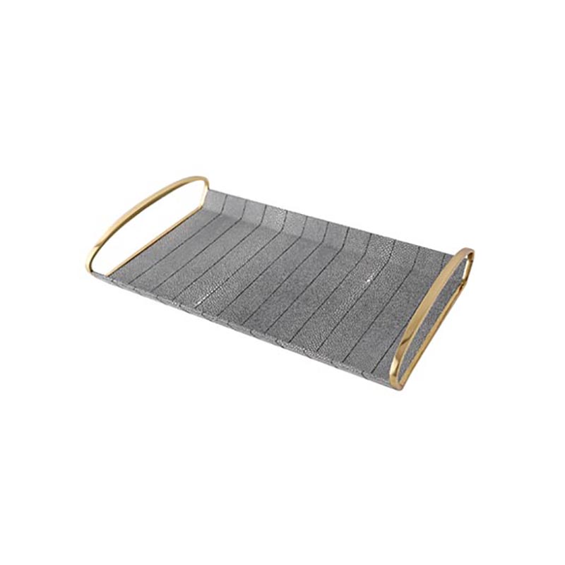 Grey Faux Leather & Gold Iron Rectangular Tray Set (Two Sizes, with Handles) - Image 6