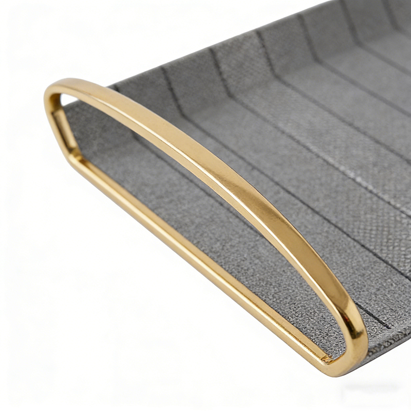 Grey Faux Leather & Gold Iron Rectangular Tray Set (Two Sizes, with Handles) - Image 5