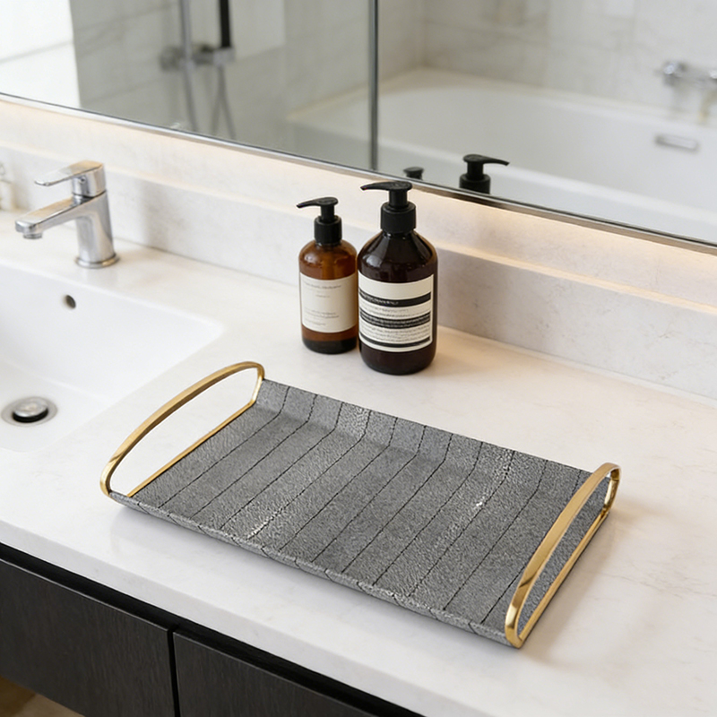 Grey Faux Leather & Gold Iron Rectangular Tray Set (Two Sizes, with Handles) - Image 4