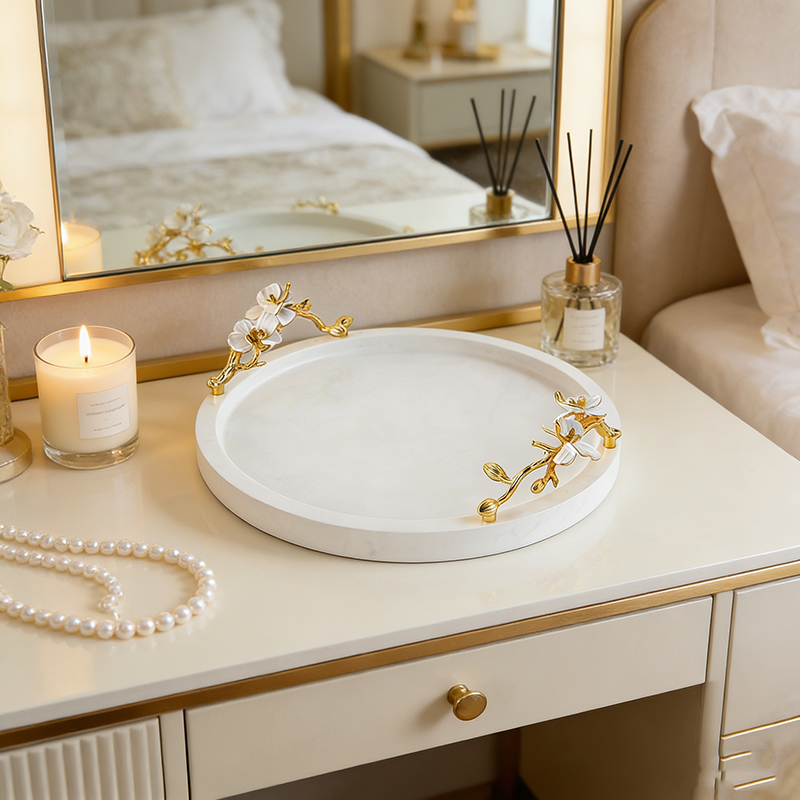 White Marble & Zinc Accent Tray Set (Rectangular & Round) - Image 4