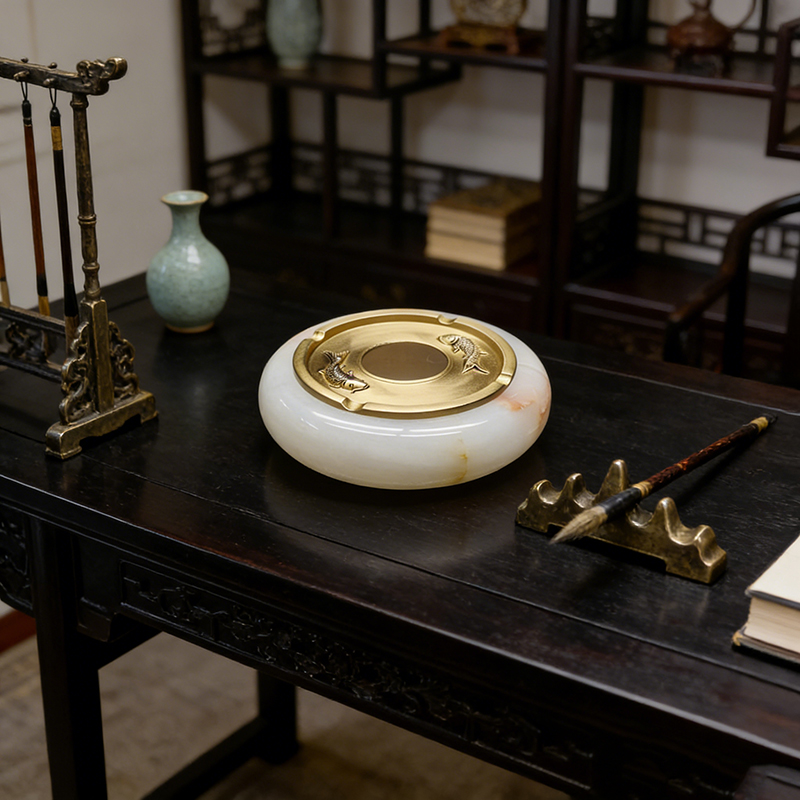 Koi-Embossed Brass & Marble Ashtray Set (3 Natural Stone Variations) - Image 4