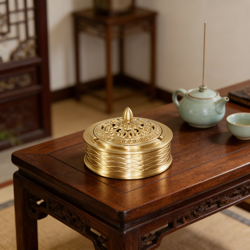 Embossed Brass Lidded Ashtray Set