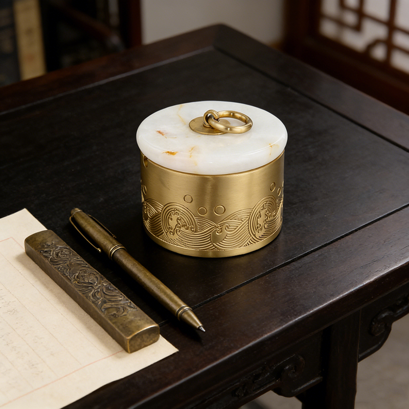 Embossed Brass Lidded Ashtray Set - Image 4