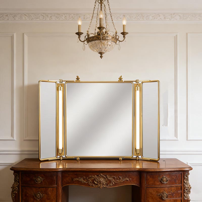Vintage Brass Tri-Fold Illuminated Wall Mirror Collection (3 Sizes)