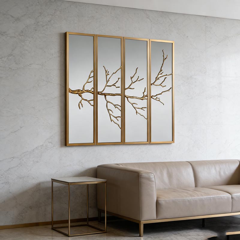 Four-Panel Golden Branch Iron & Resin Wall Mirror