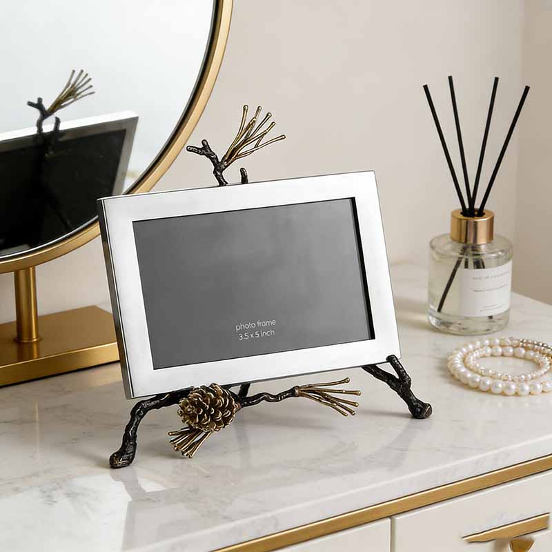 Brass & Stainless Steel Pinecone & Branch Accent Photo Frame