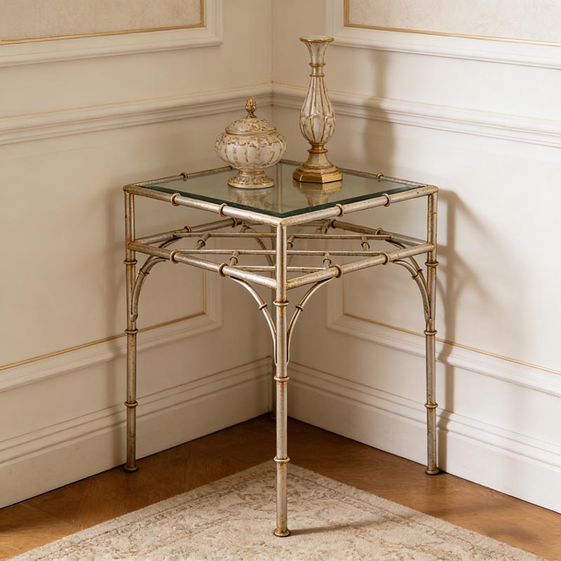 Bamboo-Frame Iron & Tempered Glass Accent Table Set (Square & Round Designs)