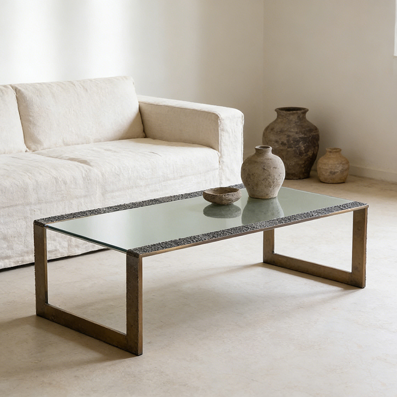 Rectangular Iron & Tempered Glass Coffee Table Set